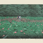 estampe japonaise paysage deux femmes sur un pont en bois au milieu d'un vaste jardin de nenuphares