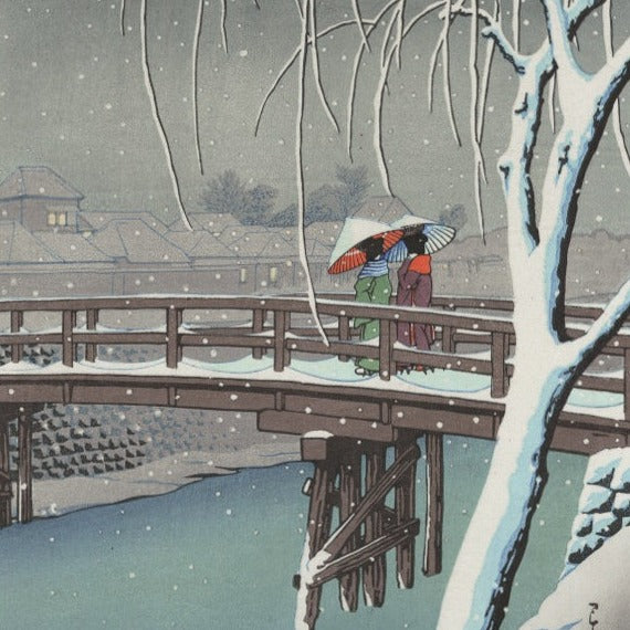 Estampe japonaise Kawase Hasui soir de neige a Edogawa