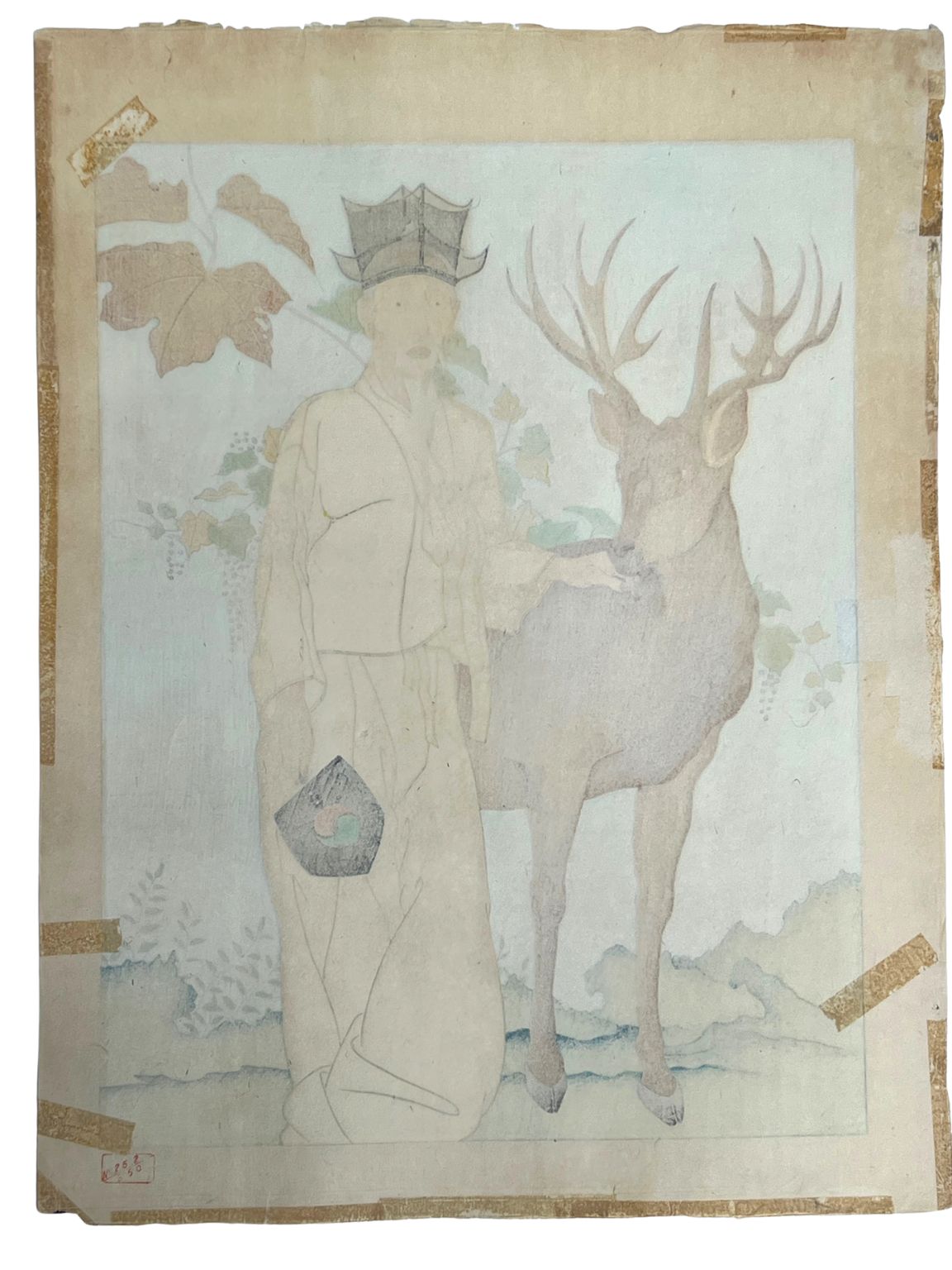 estampe japonaise un homme chinois et un cerf, dos de l'estampe