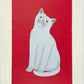 estampe japonaise de nishida chat blanc qui pose sur fond rouge