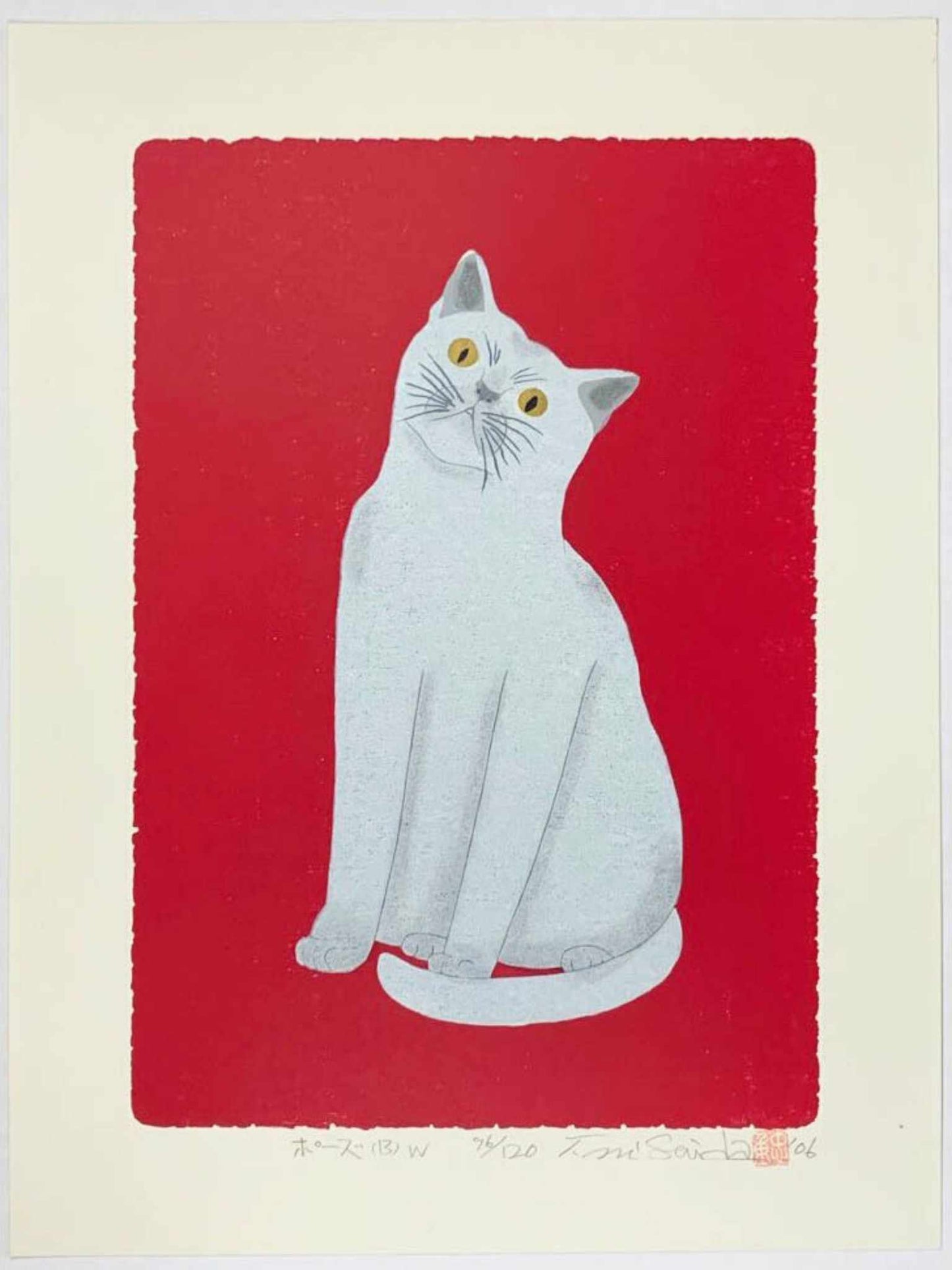 estampe japonaise de nishida chat blanc qui pose sur fond rouge