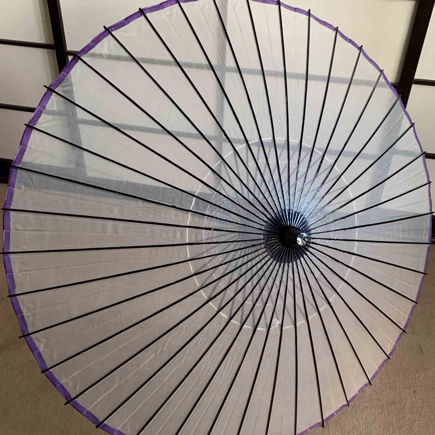 Parapluie traditionnel japonais kyowagasa en tissu transparent et bordures violettes