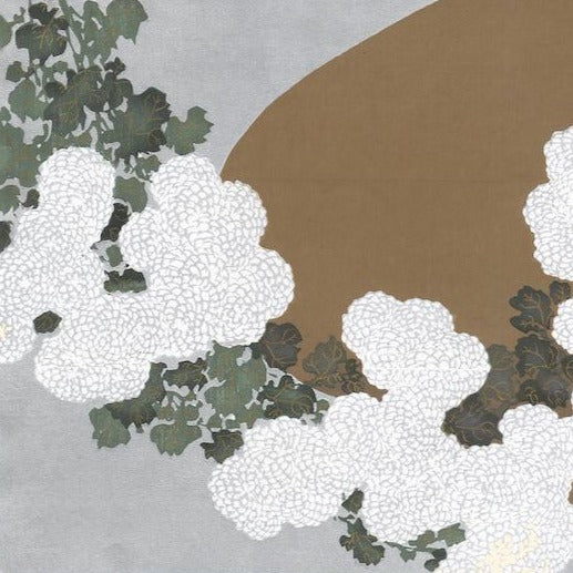 chrysanthemes blancs sur fond argent estampe japonaise de Kamisaka Sekka tirage d'art chez Uchiwa Gallery