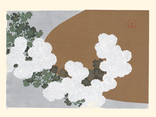 chrysanthemes blancs sur fond argent estampe japonaise de Kamisaka Sekka tirage d'art chez Uchiwa Gallery
