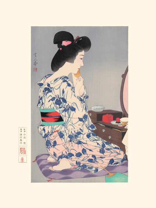 Estampe japonaise Kotondo kimono d'été portrait femme se maquillant