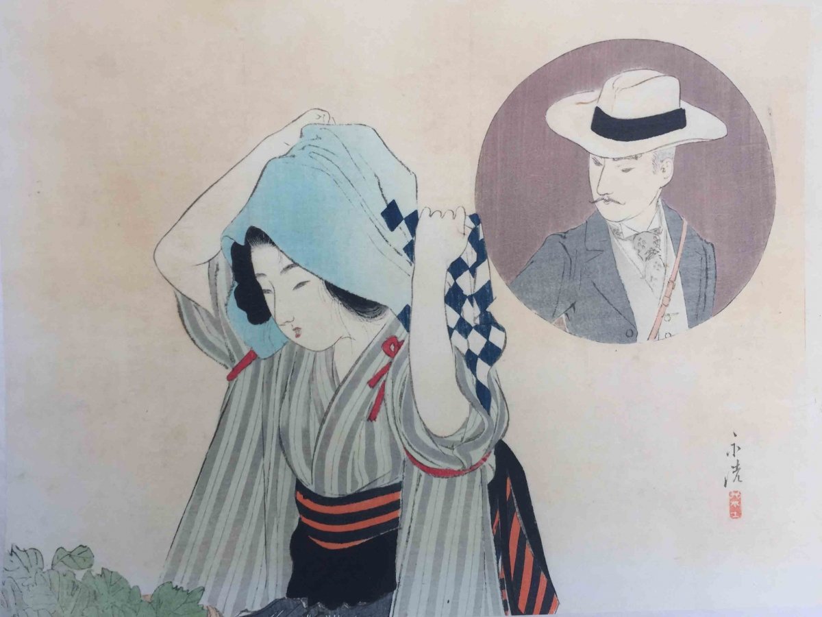 Estampe japonaise femme replaçant son foulard bleu sur la tête, portrait d'homme en chapeau dans un cartouche rond, la regardant
