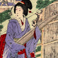 Estampe Japonaise Chirimen-e Musiciennes et feu d'artifice femme portant son instrument de musique