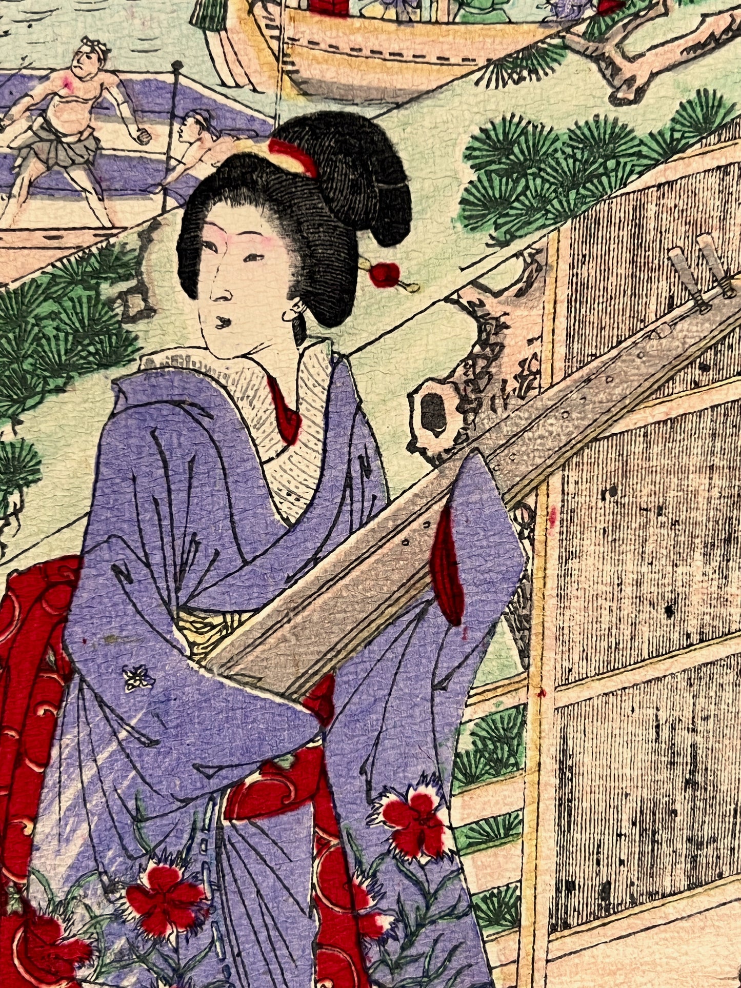 Estampe Japonaise Chirimen-e Musiciennes et feu d'artifice femme portant son instrument de musique