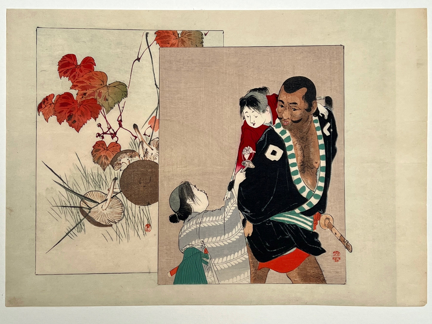 estampe japonaise un homme porte un enfant sur son dos, un autre enfant lui tendant un champignon