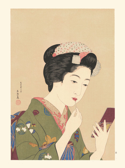 estampe japonaise femme se mettant de rouge à levres face a un petit miroir de poche