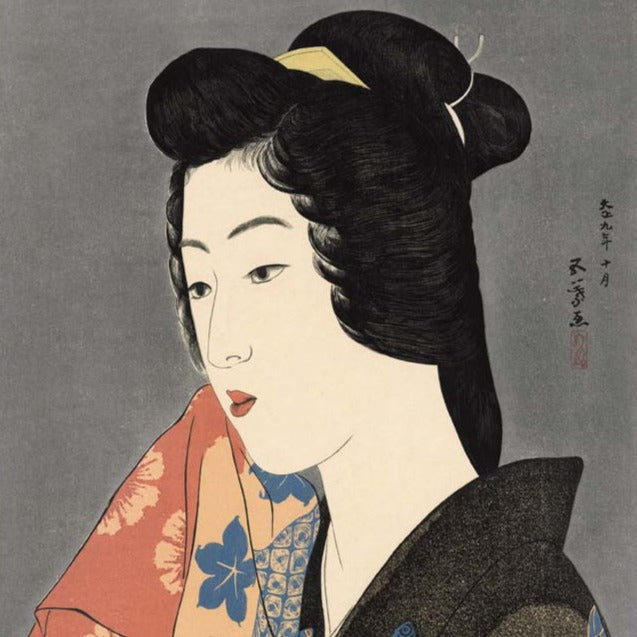 estampe japonaise portrait d'une courtisane s'essuyant le visage avec une serviette sur fond gris