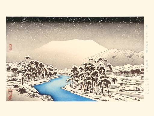 estampe japonaise paysage de neige, rivière bleue passant à travers une foret de pins couvert de neige, la montagne en ombre sur ciel de nuit