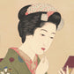 estampe japonaise femme se mettant de rouge à levres face a un petit miroir de poche, détail