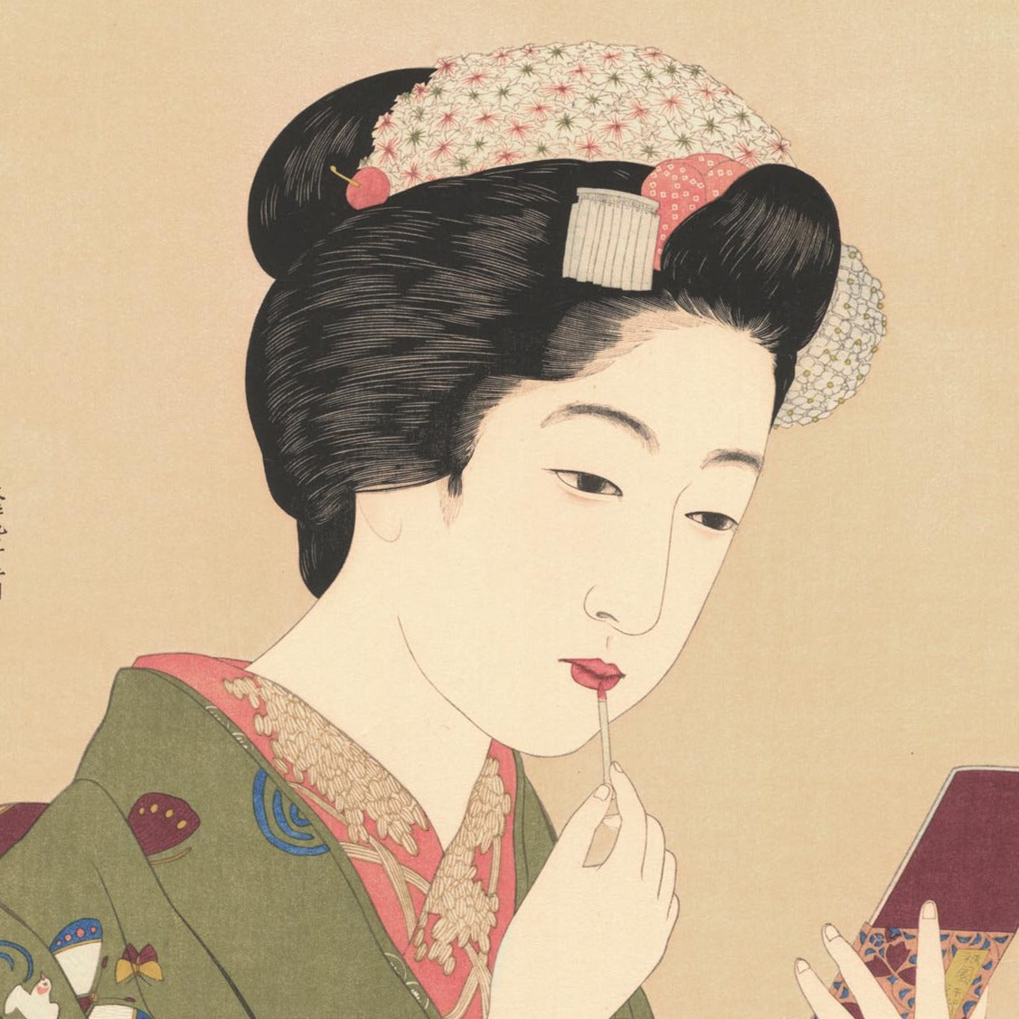 estampe japonaise femme se mettant de rouge à levres face a un petit miroir de poche, détail