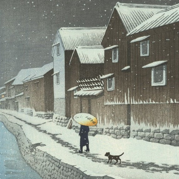 estampe japonaise ville personnage avec parapluie et chien sous la neige, en ville le long d'un canal, détail