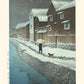 estampe japonaise ville personnage avec parapluie et chien sous la neige, en ville le long d'un canal