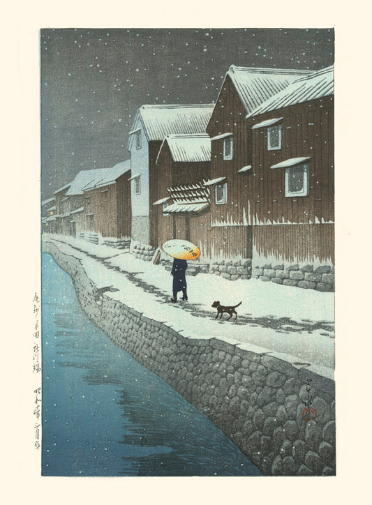 estampe japonaise ville personnage avec parapluie et chien sous la neige, en ville le long d'un canal