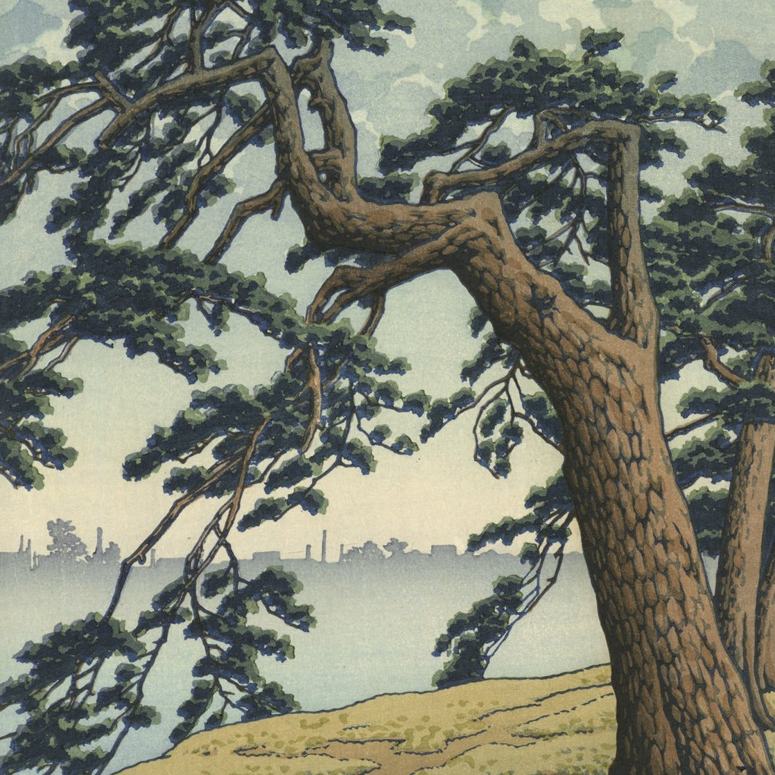 estampe japonaise paysage arbre dont les branches se couchent vers la vallée brumeuse, détail