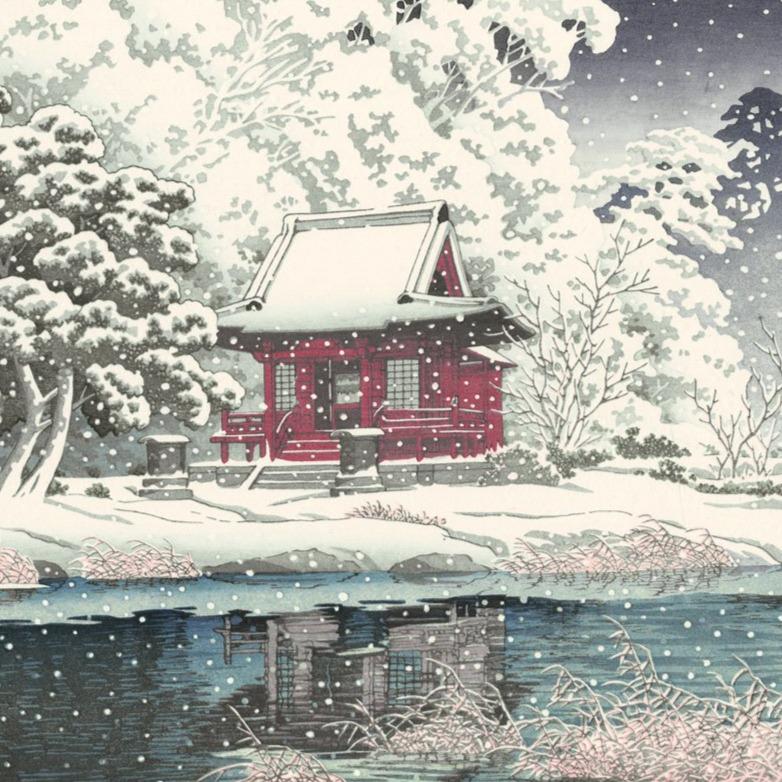 hasui kawase temple rouge sous la neige inokashira parc