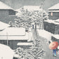estampe japonaise shin hanga personnage sous un parapluie sous la neige en ville, détail