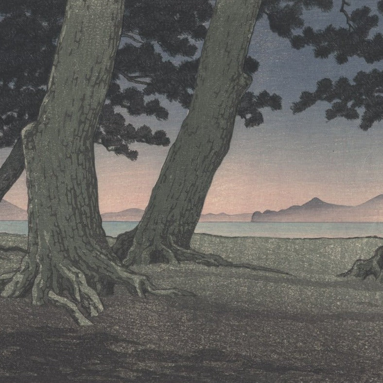 estampe japonaise paysage arbres sur la plage de kaiganji de Hasui Kawase, gros plan