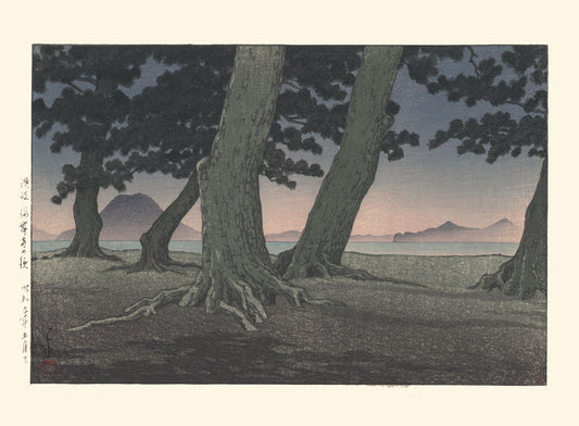 estampe japonaise paysage arbres sur la plage de kaiganji de Hasui Kawase