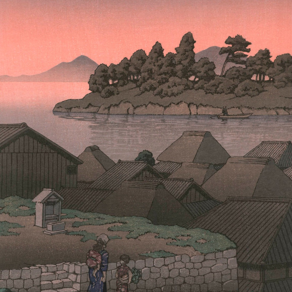 estampe japonaise paysage lever de soleil sur lac avec village et deux personnage au premier plan