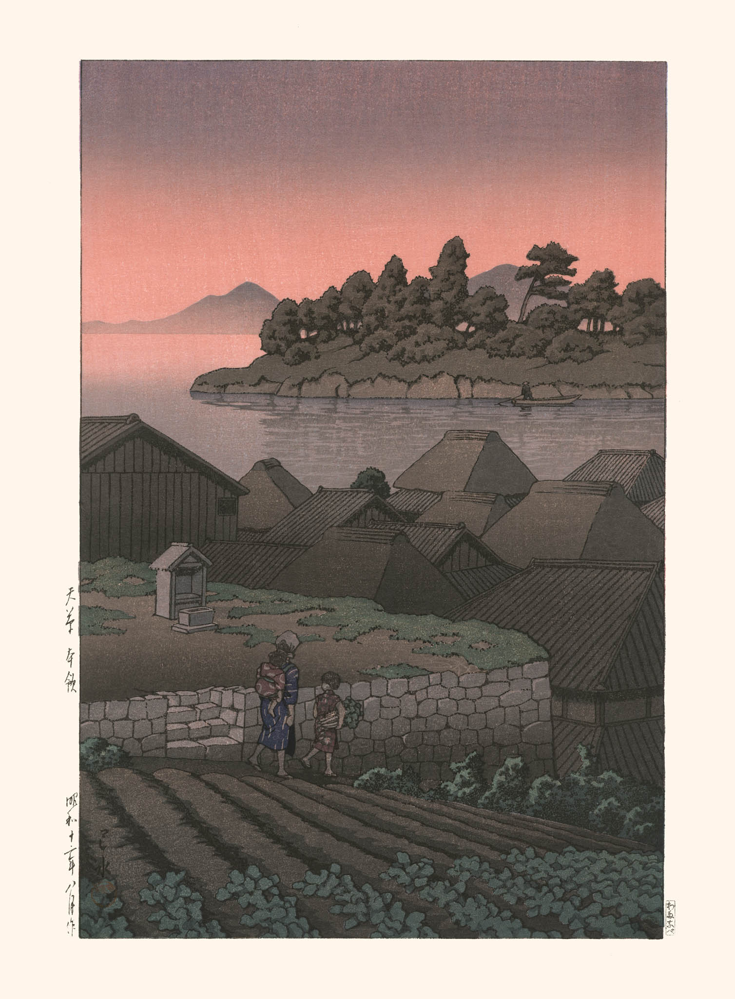 estampe japonaise paysage lever de soleil sur lac avec village et deux personnage au premier plan