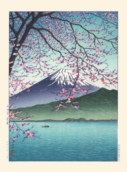 estampe japonaise Mont fuji au Printemps, fleurs de cerisier, sakura, lac bleu