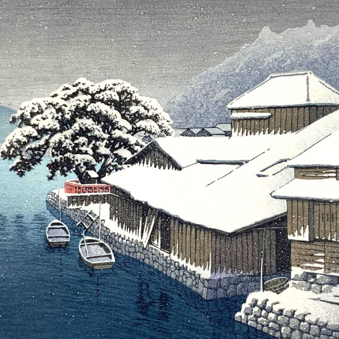 estampe japonaise de hasui kawase neige sur ishinomaki , riviere enneigée , estampe shin hanga