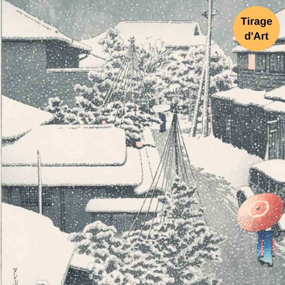 estampe japonaise shin hanga personnage sous un parapluie sous la neige en villeneige