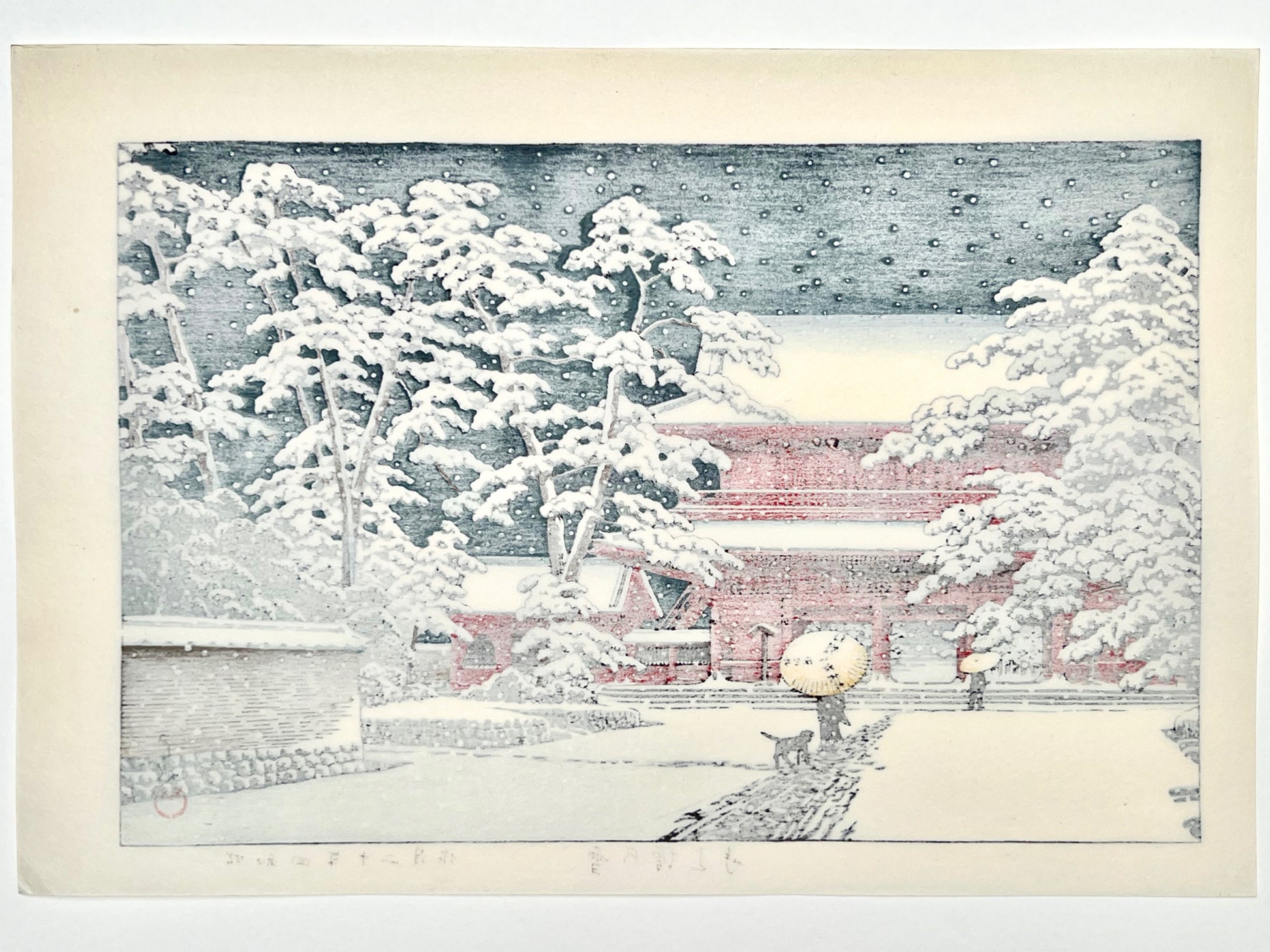 estampe japonaise la neige tombe la nuit sur le temple rouge, dos de l'estampe