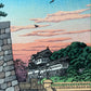 estampe japonaise hasui pont niju lever du jour , le ciel rose