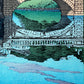 estampe japonaise hasui pont niju lever du jour detail, le reflet du pont dans l'eau bleue