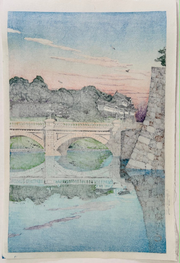 estampe japonaise hasui pont niju lever du jour dos de l'estampe