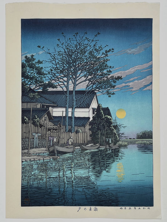 estampe japonaise paysage nuit de pleine lune sur la rivière