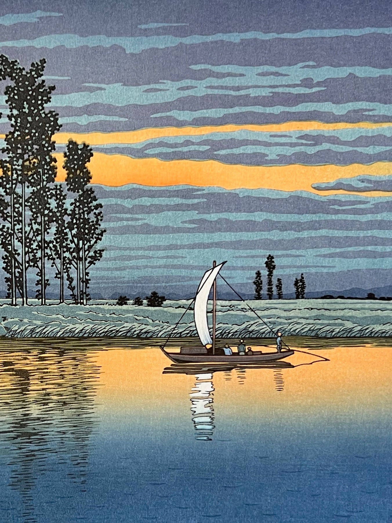 estampe japonaise shin-hanga de Hasui un bateau sur une rivière calme au crépuscule