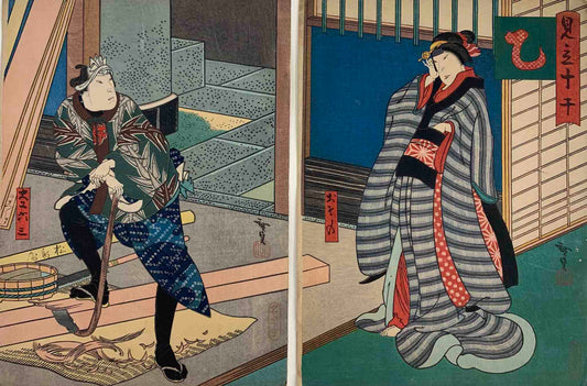 estampe japonaise, diptyque de Hirosada, école d'Osaka, hirosada theatre kabuki les amants Osono et Rokusa