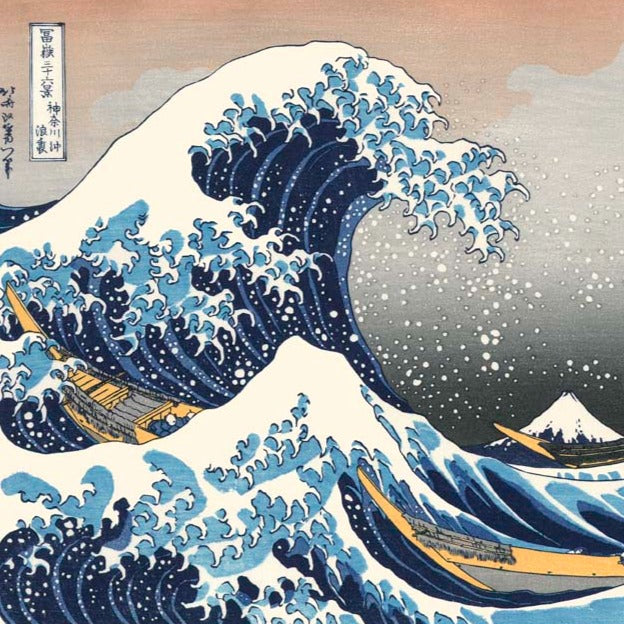 la grande vague estampe japonaise de Hokusai, le mont Fuji au fond, détail
