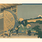 reproduction d'une estampe japonaise de paysage de Hokusai en premier plan la roue à eau à Onden et le Mont Fuji