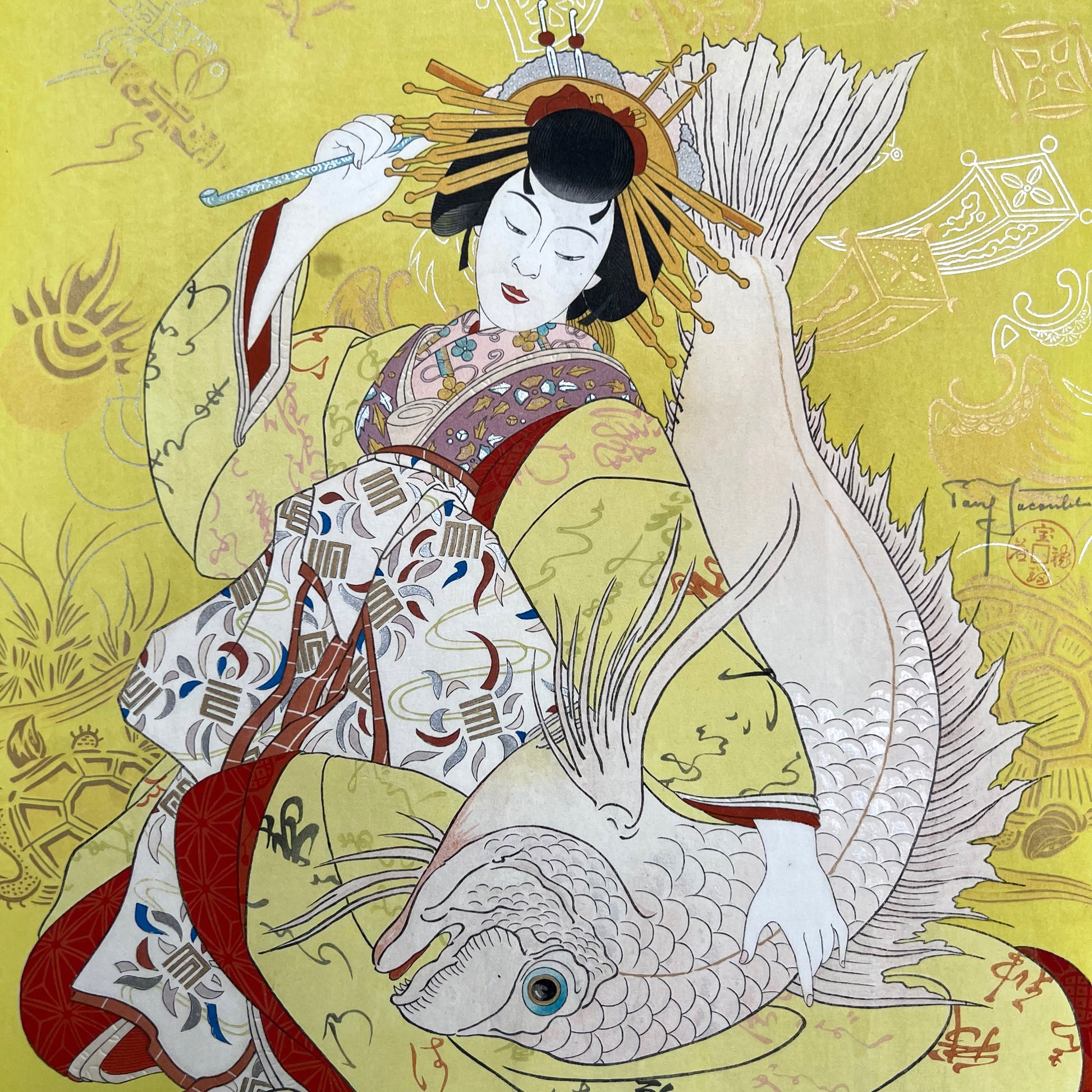 estampe japonaise de Paul jacoulet Ebisu repredsenté par une courtisane, gros plan sue le dieu accompagné de son poisson