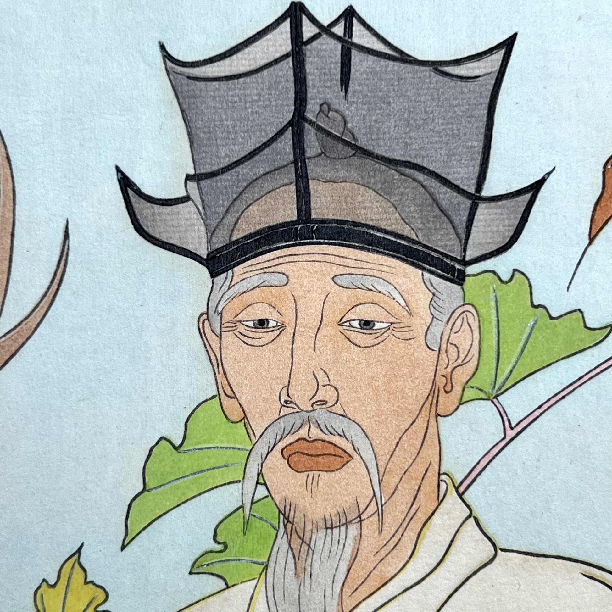 estampe japonaise un homme chinois et un cerf, gros plan sur le visage du sage chinois