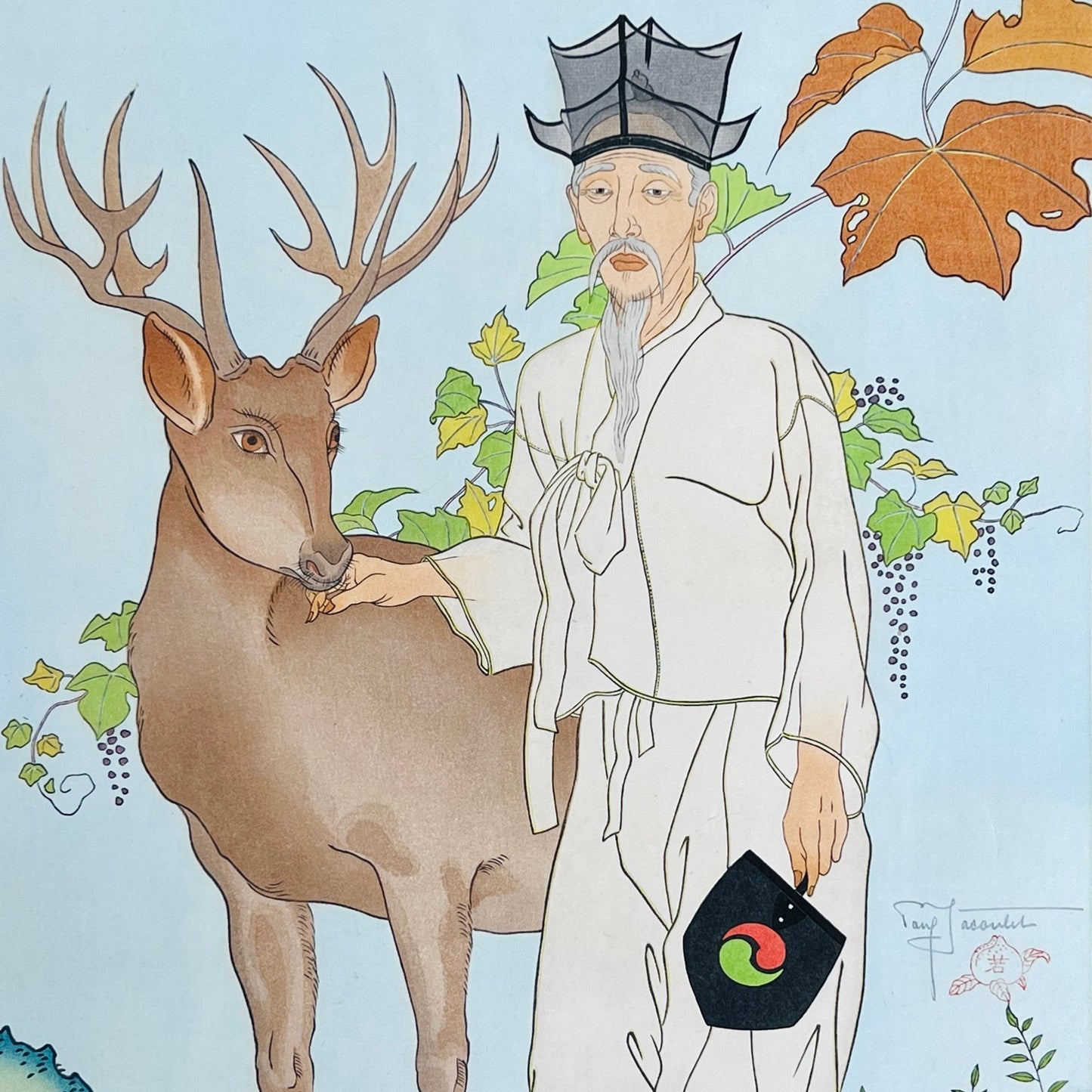 estampe japonaise un homme chinois et un cerf, détail