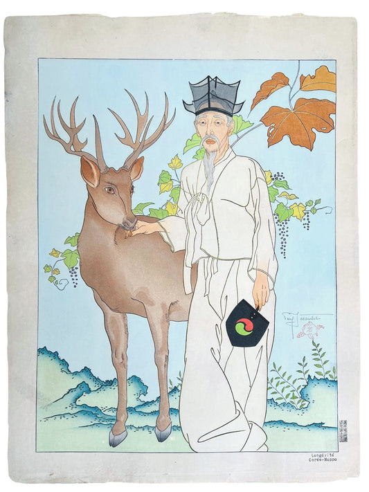 estampe japonaise un homme chinois et un cerf à ses côtés, symbole de longévité