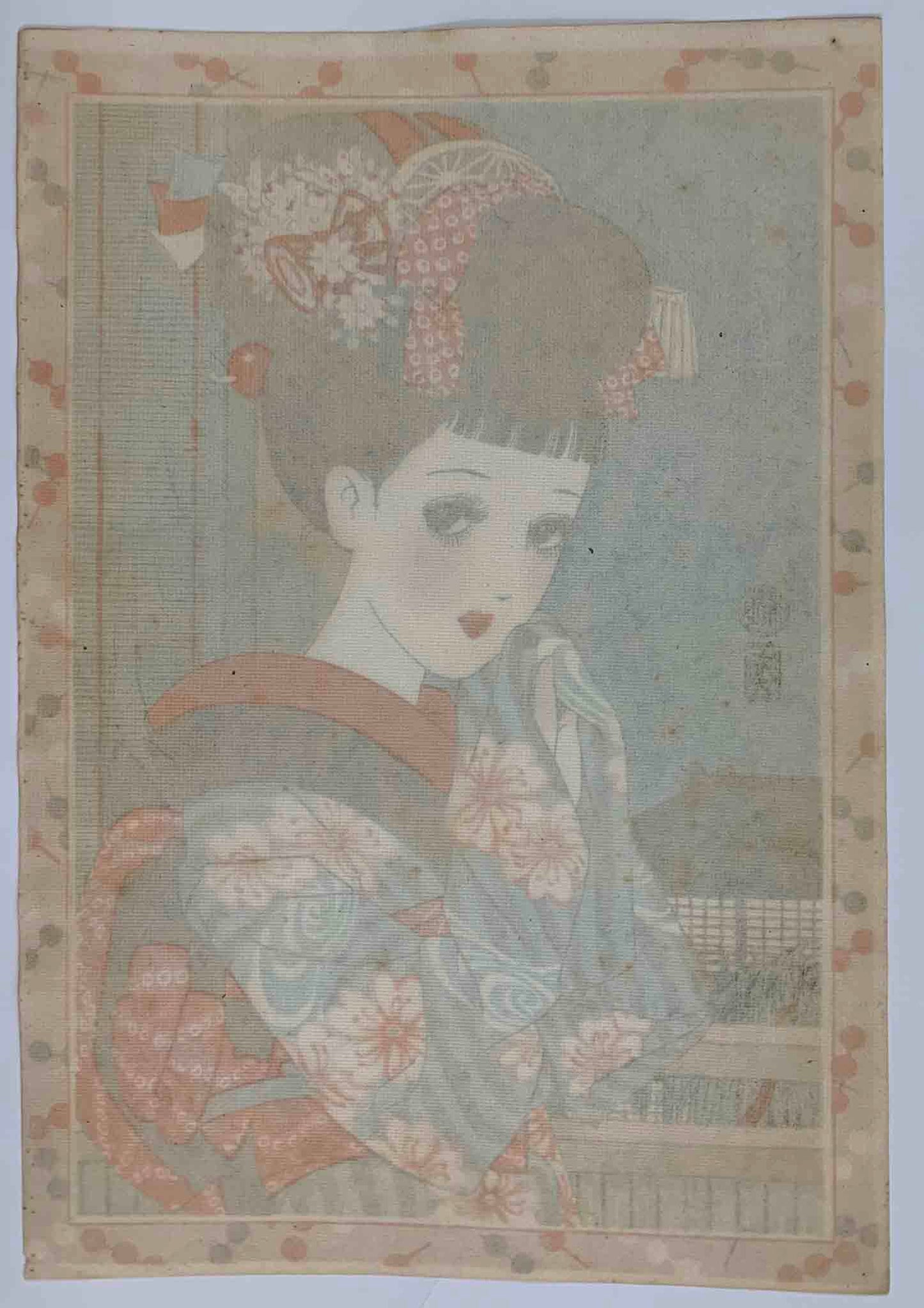 dos de l'estampe japonaise lithographie jeune fille aux grands yeux de manga, en habit traditionnel devant une fenetre le soir