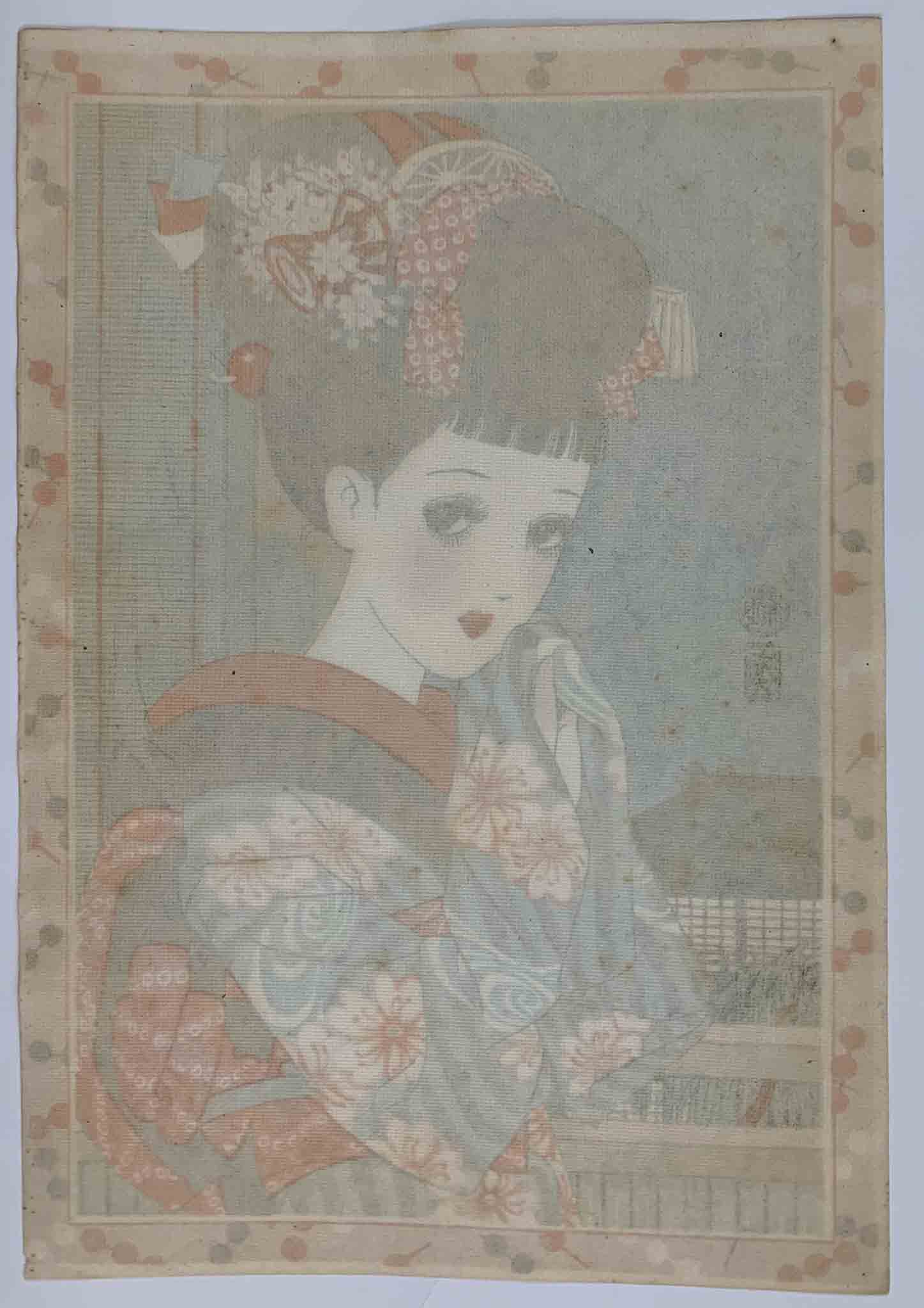 dos de l'estampe japonaise lithographie jeune fille aux grands yeux de manga, en habit traditionnel devant une fenetre le soir