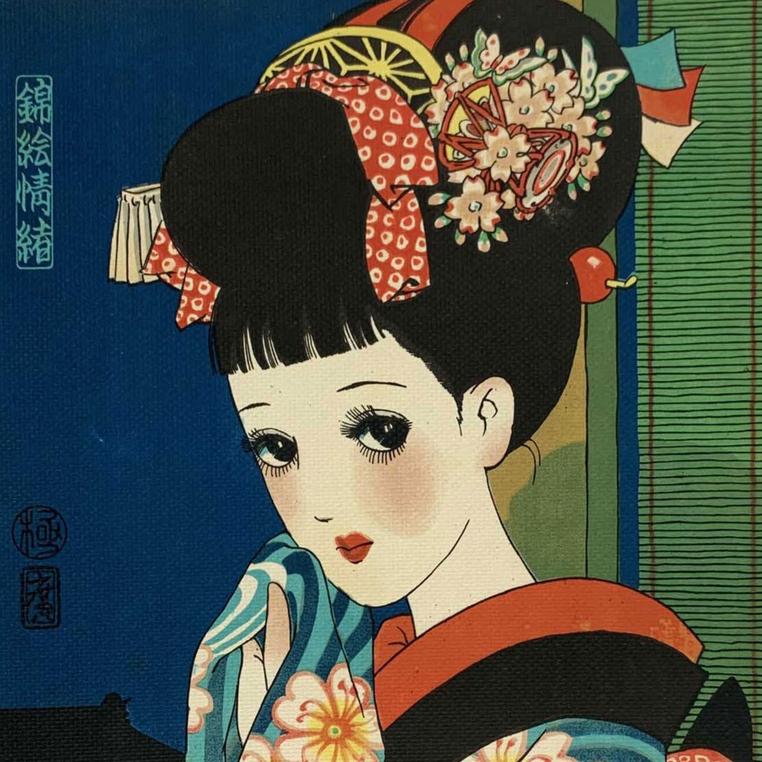 estampe japonaise lithographie jeune fille aux grands yeux de manga, en habit traditionnel devant une fenetre le soir, gros plan sur le visage