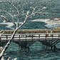 estampe japonaise de kasamatsu echigo kashiwazaki , les personnes avancent sur le pont sous la tempête de neige
