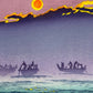 estampe japonaise de kasamatsu soleil levant sur le lac, gros plan sur les bateaux et le soleil jaune et orange