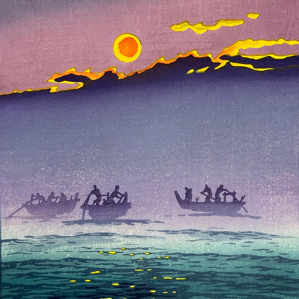 estampe japonaise de kasamatsu soleil levant sur le lac, les pecheurs dans la brume